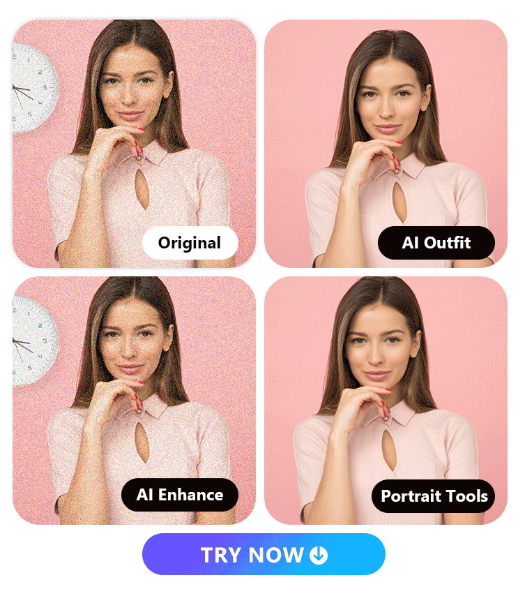 an image of a girl in pink shirt and AI outfits, AI enhance, AI removal, portrait tools features applied to the image